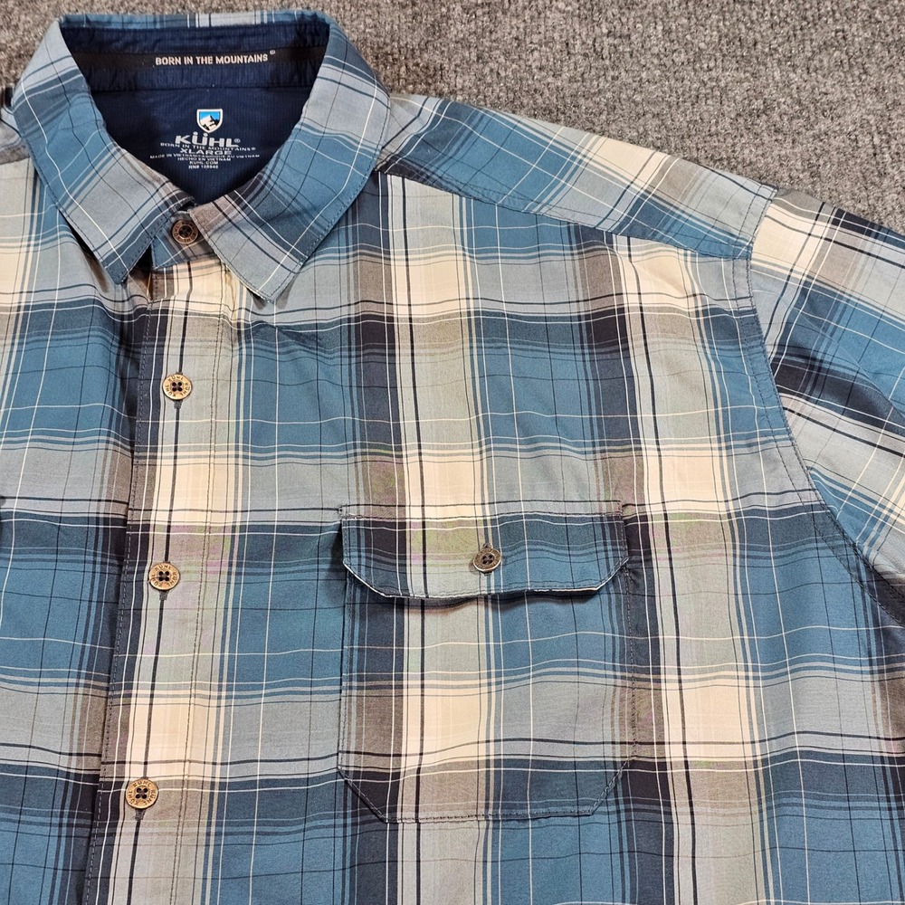 Kuhl Mens XL Blue Plaid Short Sleeve Button Up Shirt 7153 Outdoor Hiking Fishing